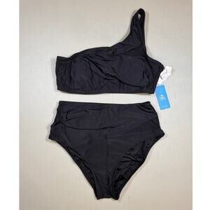 NWT Cupshe Black One Shoulder Bikini Set Size L High Waist Swimsuit